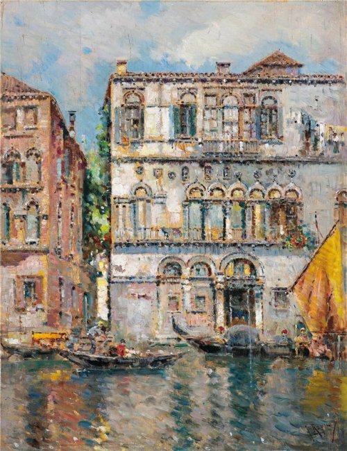 Antonio María de Reyna Manescau (1859–1937)Gondolas in a Venetian Canal