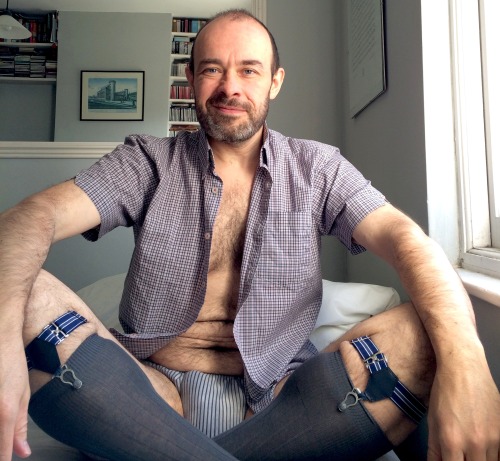 hairysockman: Grey OTC with garters and cheap briefs