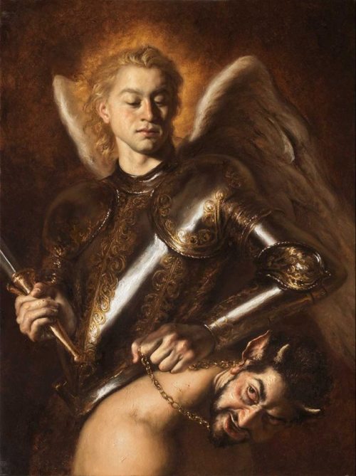 rectumetjustum:Giovanni Gasparro, San Michele Archangel defeats the devil, oil on canvas, 80 x 60 cm