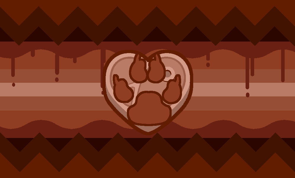 colors in this order starting from the top and reflected after the last listed color: every stripe is orange, starting dark, darker, darkest, dark, bright, lighter and lightest. in the center of the flag is a heart shaped piece of meat with pale orange flesh, and inside that is a bright orange paw with a darker orange outline.