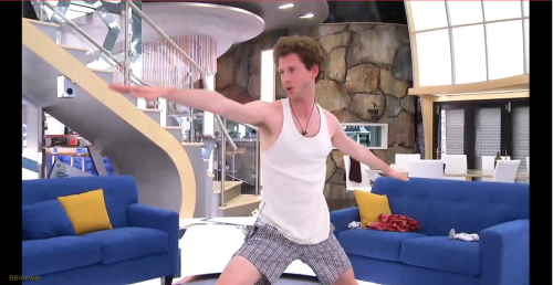 im screaming! joel has been doing a pre-veto workout all morning. he promised cass he would win it a
