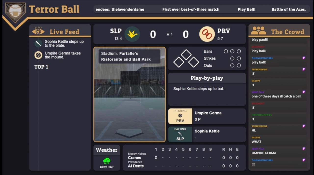 A screenshot from a Terror Ball twitch stream. It's the top of the first inning, the very start of the third game between the Al Dente and the Cranes, in the Al Dente home stadium 'Farfalle's Ristorante and Ball Park'. Umpire Germa takes the mound for the Al Dente. Sophia Kettle steps up to bat for the Cranes.