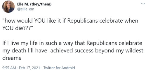 princessofthestoners:rubynye:I’m a Black woman in the US. Republicans celebrate when we die. They ce