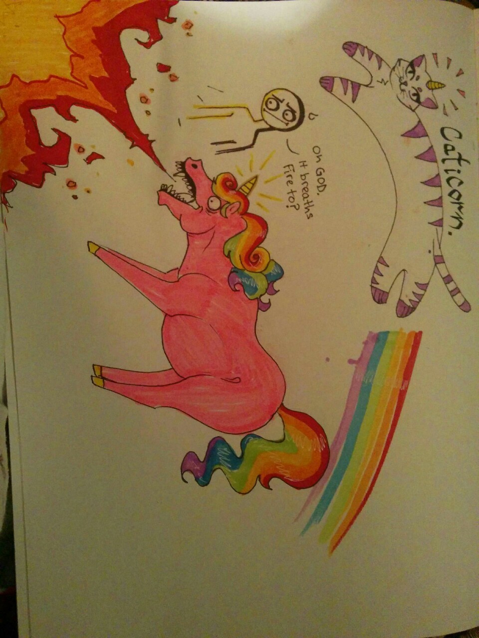 A friend an artist here on Tumblr asked for ideas for doodles. I requested a melting rainbow, a cat-icorn (made that up on the spot) and a unicorn that breathes fire. I reblogged a few of them, here is one where the Ziveraa put all three together....