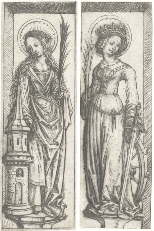 history-of-fashion:1485-1490 Master of the Housebook - Saint Barbara (left) and Saint Catherine(Rijk