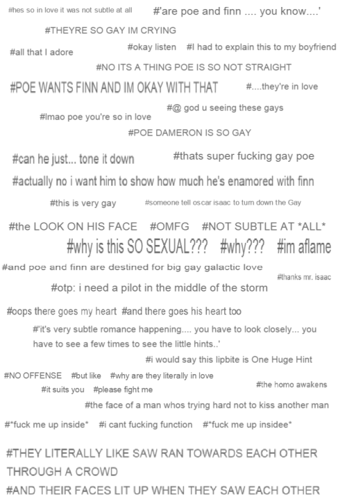gaydamerons:in honor of my new url i decided to collect a tag collage from the tags of this gifset of Finn and Poe’s reunion. good to see we’re all on the same page here