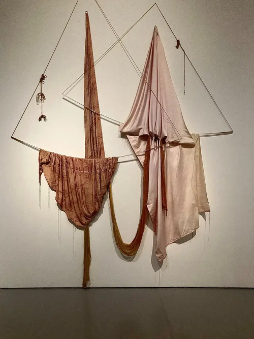 Rosemary Mayer, Balancing, 1972. Rayons, Cheesecloth, Cord, Acrylic Rods, 126 × 108 × 4 In. Installation