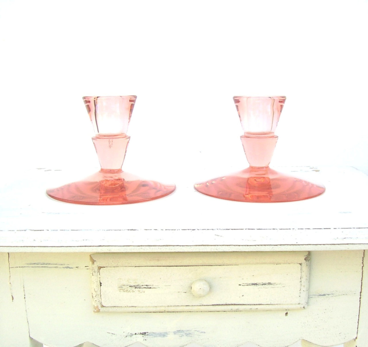Antique Candlesticks Art Deco Pink Depression Glass 1930s by OceansideCastle (47.99 USD) http://ift.tt/1j8hXCS