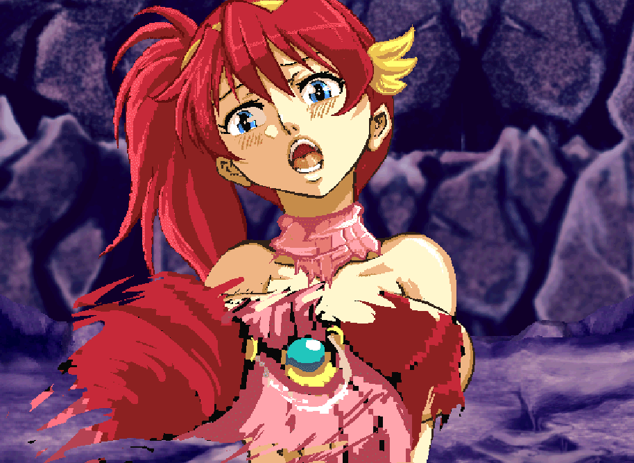 Busty red haired oppai female getting her clothes ripped off after being defeated