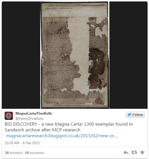 As a result of research for the Magna Carta Project, a previously unknown exemplar of the 1300 Magna