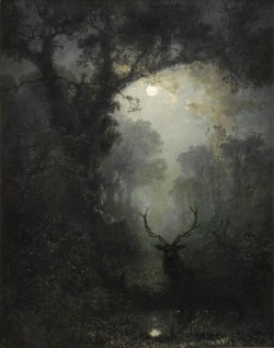 sakrogoat:Eugen Krüger - Red Deer in Moonlight Landscape  