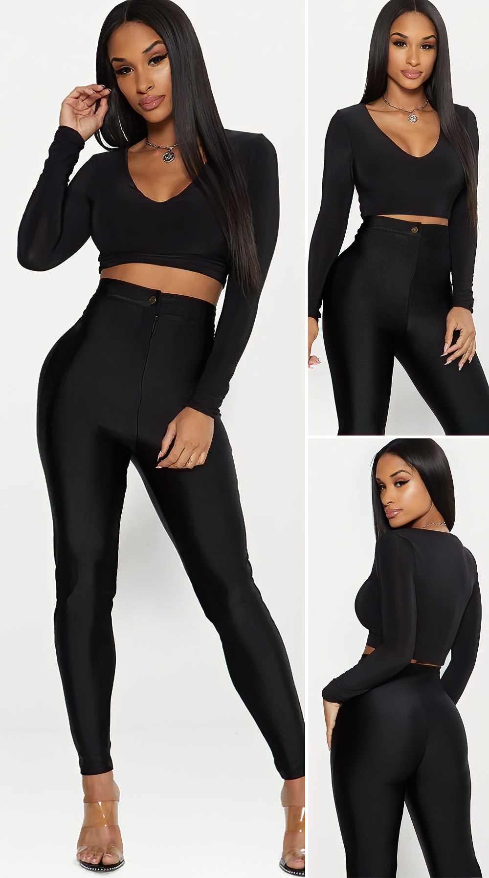 Black Second Skin Long Sleeve V Neck Crop Top A... - Vika Star