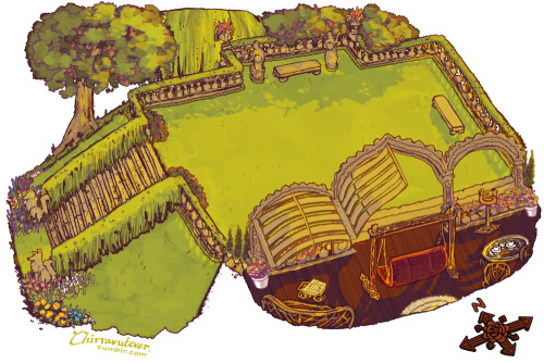 some cross-section layout concepts. the phoenix fountain and the stone wolf sentinels 
