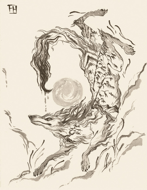 fionahsieh:Deer and Wolf. brush and pen on watercolor paper.~fiona hsieh