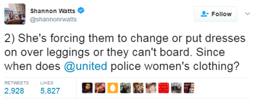 hustleinatrap:    United Airlines denied entry two teenage girls who were wearing leggings because a gate agent deemed their dress improper. They did not meet a dress code for special pass travelers, however, “regular customers” can wear them. The