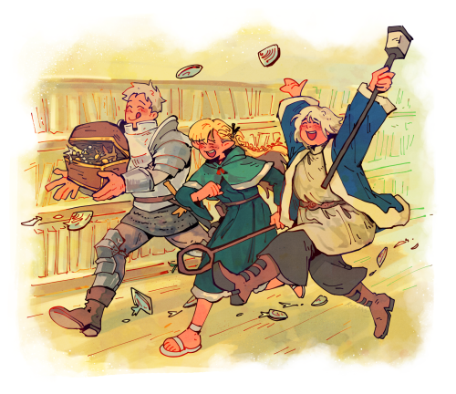 Laios, Marcille, and Falin fanart, referencing Marcille’s dream after the nightmares were eaten. The three are happily running side by side down a hallway of shelved book; Laios is holding a treasure box of monster bugs, licking his lips; Marcille is smiling wide while holding her staff; Falin has her arms in the air with a smile, holding her rod. The clamped of nightmares flies away behind them.