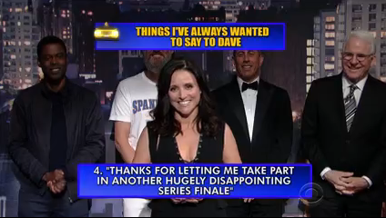 Julia Louis-Dreyfus and Jerry Seinfeld won Letterman’s last Top Ten list. 