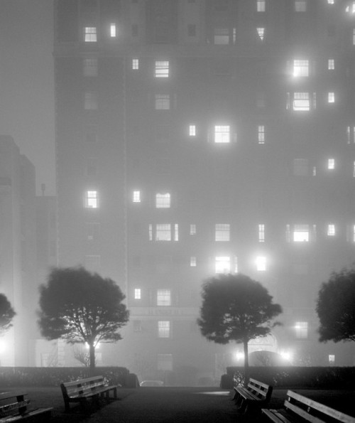 The Huntington Hotel from Cathedral Park, shrouded in fog, 1958Fred Lyon