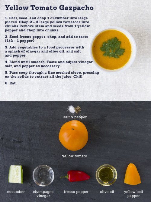 This is the simplest gazpacho I could think of. It happens to be really pretty with yellow tomatoes,