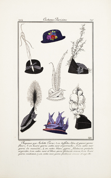 Costumes parisiens, Editorial about Hats, Journal des dames et des modes, 1914. Paris. Via Smithsoni