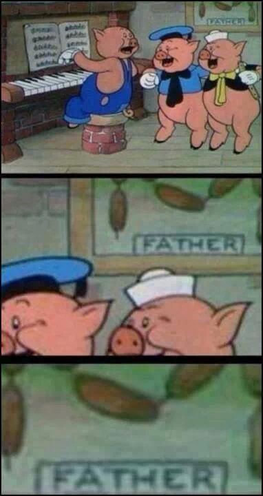 omgbuglen:  hkirkh:  The three little pigs  Not to mention the pig doing the exorcist neck twist. 