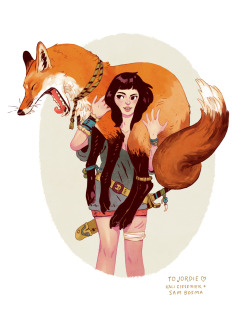 sbosma:  This is a drawing that Kali and I did for our immensely talented friend Jordie. It was requested by her equally talented beau Declan, who simply asked for something fox-themed. Kali and I don’t collaborate often (ever), since we are both very