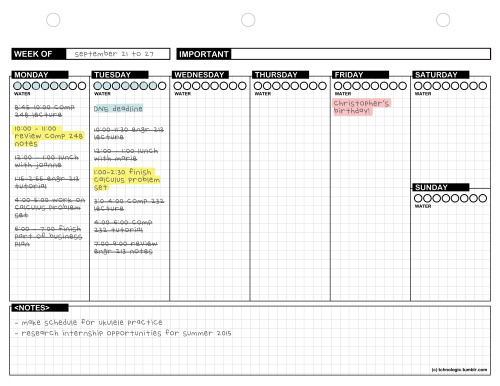 tchnologic:  Weekly Planner Printable I made this weekly printable schedule which you can download for free.  colour version  black and white version 