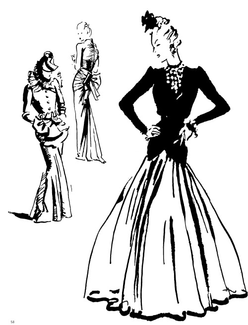 August, 1939: Illustrations by René Bouët-Willaumez of the season’s new silhouettes: Schiapare