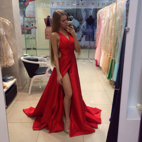 24prom: Simple Red v neck long prom dress ==>>here  