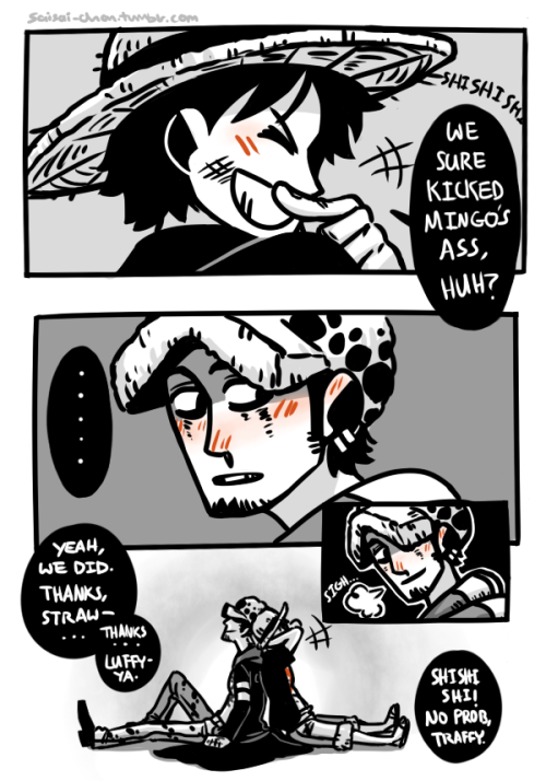 artsycrapfromsai:  a little post-Dressrosa Law comic i drew. i really want Law to cry happy tears at the end of this arc. it won’t feel complete to me unless he sobs violently lol.  Luffy comforting Law in his own weird way because i love their relationsh