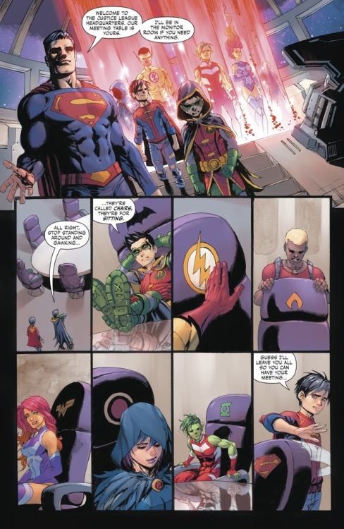 tamaraneancitizen: The members of the Teen Titans sit in JL’s chair, Super Sons #12.I love the sitti