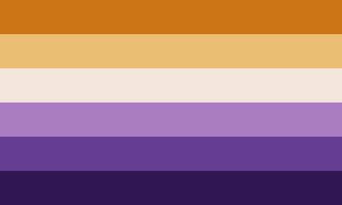a flag with six horizontal stripes, in the following colors: orange-ish yellow, light yellow, white, lavender, purple and dark purple.