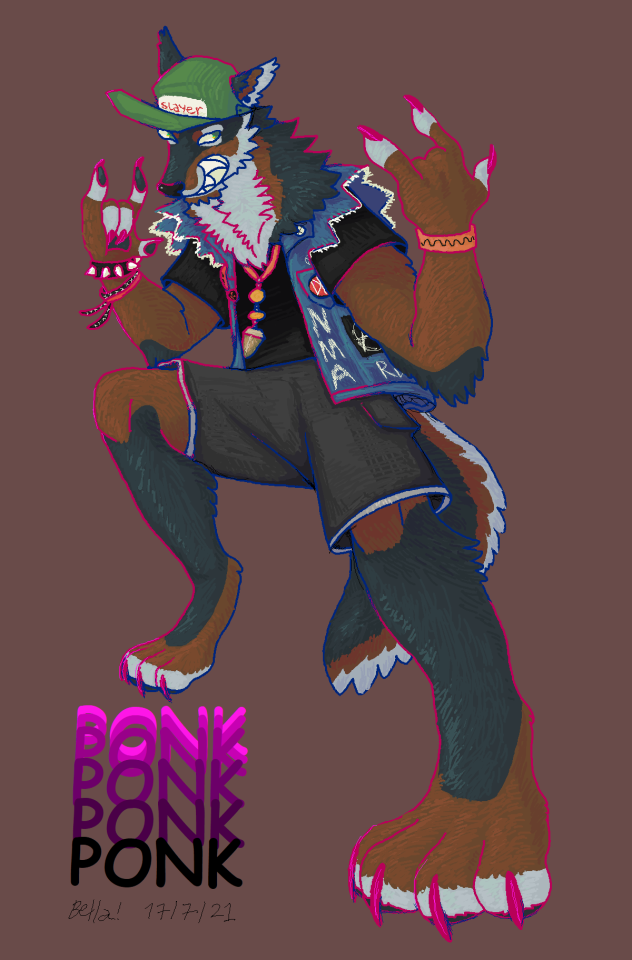 an ms paint illustration of an anthro dog, he seems like some kind of german sheppard. he is wearing punk aesthetic clothing and with many metal band patches. he is doing a rock and roll pose