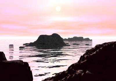a cgi island in an ocean, with a pink sunrise or sunset behind it. In the foreground there are some rocks that imply you are standing on a nearby island, looking out at the island in the distance