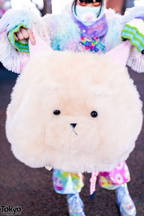 Japanese indie idol Purinchan - of the group Rainbow Panic - on the street in Harajuku wearing a &ld