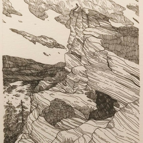 Quick ink drawing in between wrapping presents. . . . #ink #drawing #pen #landscape #rocks #countr