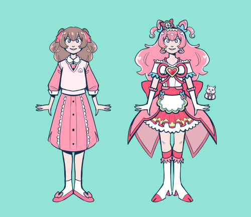 [image: cartoony drawings of Yui Nagomi in her regular clothes and as Cure Precious on a turquoise b