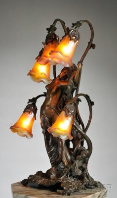 cgmfindings:Art Nouveau Table Lamp Bronze and Glass Bronze form of a female figure leaning against a tree trunk with five branches terminating in shades which are blown into the metalworkGustav Gurschner Austria