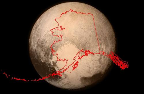 mapsontheweb:  A rough visual comparison of Alaska and Pluto.The diameter of Pluto is 2,368 km. The maximum east-west diameter of Alaska is 3,595 km (approximately Atka to Ketchikan). The distance from Anchorage to Barrow is 1,200 km.More size comparison