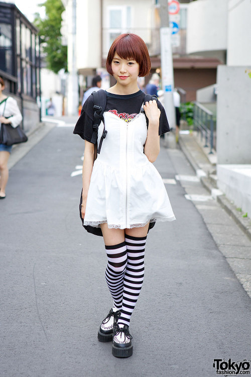 Japanese magazine model Pochi on the street w/ Nadia Harajuku dress, creepers &amp; striped sock