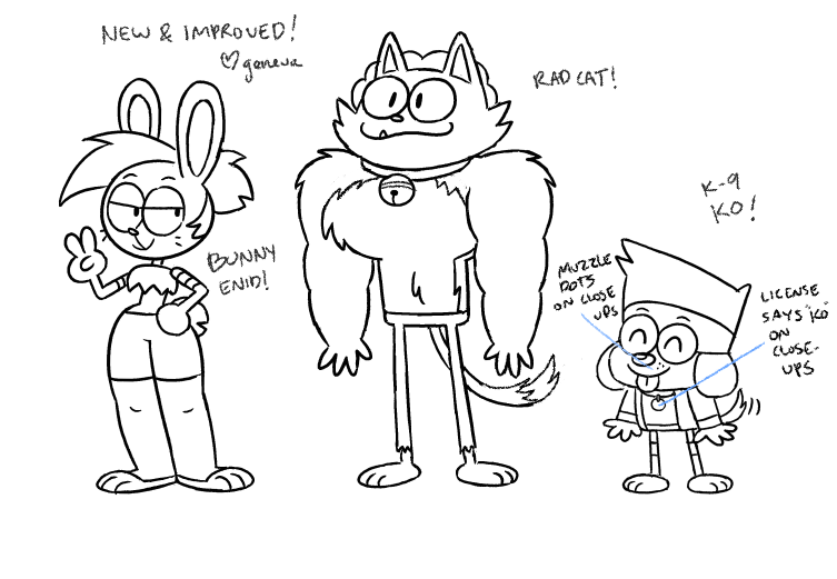 pan-pizza:  cartoonfuntime: My concepts for bunny Enid/Rad cat/KO pup, as well as