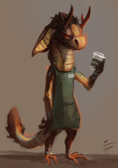 alradeck:  Half of this was painted with my left hand, half with my right. A doodle of an old character of mine, a monster that works minimum wage jobs. His name is Junco.Quick doodle.