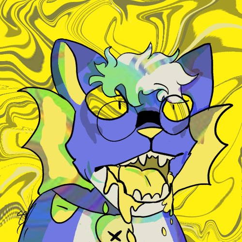a drawing of our fursona looking in a 3/4 view to the right, his mouth is open with yellow blood dripping out. He is a mainly blue cat with purple and white markings and yellow fins, eyes, nose, and mouth. he also wears glasses