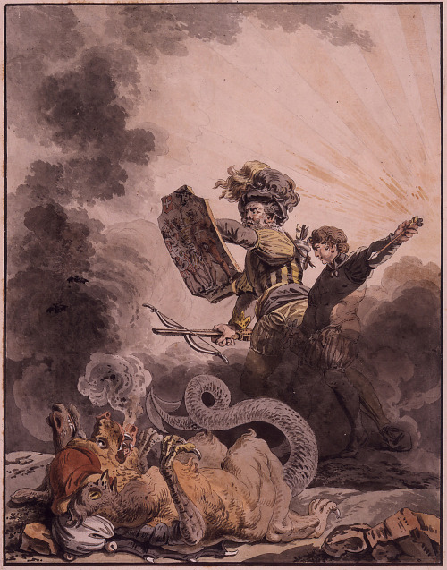 Balthasar Anton Dunker drawing depicting Wilhelm Tell and his son fighting a dragon / chimera with 3