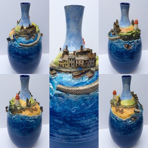 earthwoolfire:  As work in progress and the glaze coloured result. Fishing village on a bottle. 12" tall made from white earthenware. earthwoolfire.etsy.com