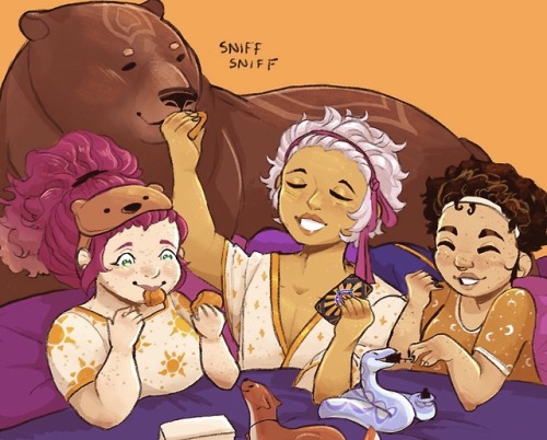 Chicken nugget party!Mirabelle, Asra, and @cater-pickle‘s Elise spend some routine self-care time to