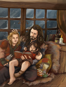 loobeeinthesky:  Kili is an evil wriggling braid chomping monster on quiet snowy nights. Fili of course tries hard to be a good lad, but is fighting the laughter. Thorin knows he’s damned any second to have two giggle monsters on his hands. (oh