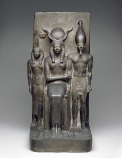 theancientwayoflife: ~King Menkaura, the goddess Hathor, and the deified Hare nome. Culture: Egyptian Period: Old Kingdom, 4th Dynasty, reign of Menkaura Date: 2490–2472 B.C. Place of origin: Giza, Egypt