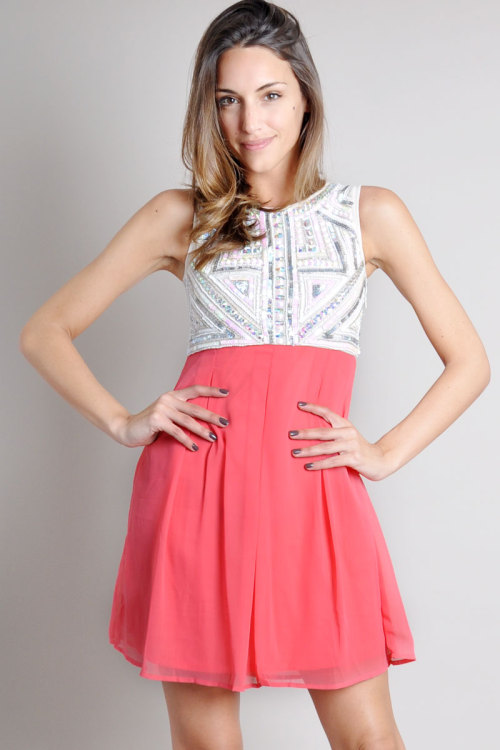 TFNC sequin contrast dress with chiffon skirt. Scoop neckline with keyhole button up feature at back