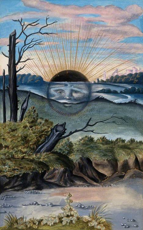 centuriespast: A Black Sun with a Face Descends behind the Horizon of a Marshy Landscape; Representi